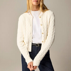 NWT J. Crew Odette Cable Knit Sweater Cotton Blend Boucle Lady Jacket White Sz M